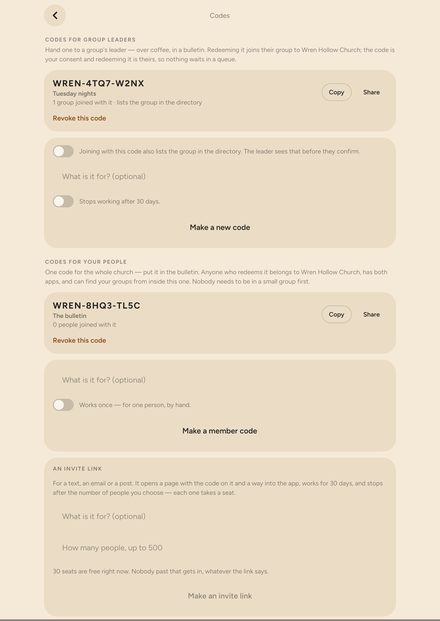 The Codes screen